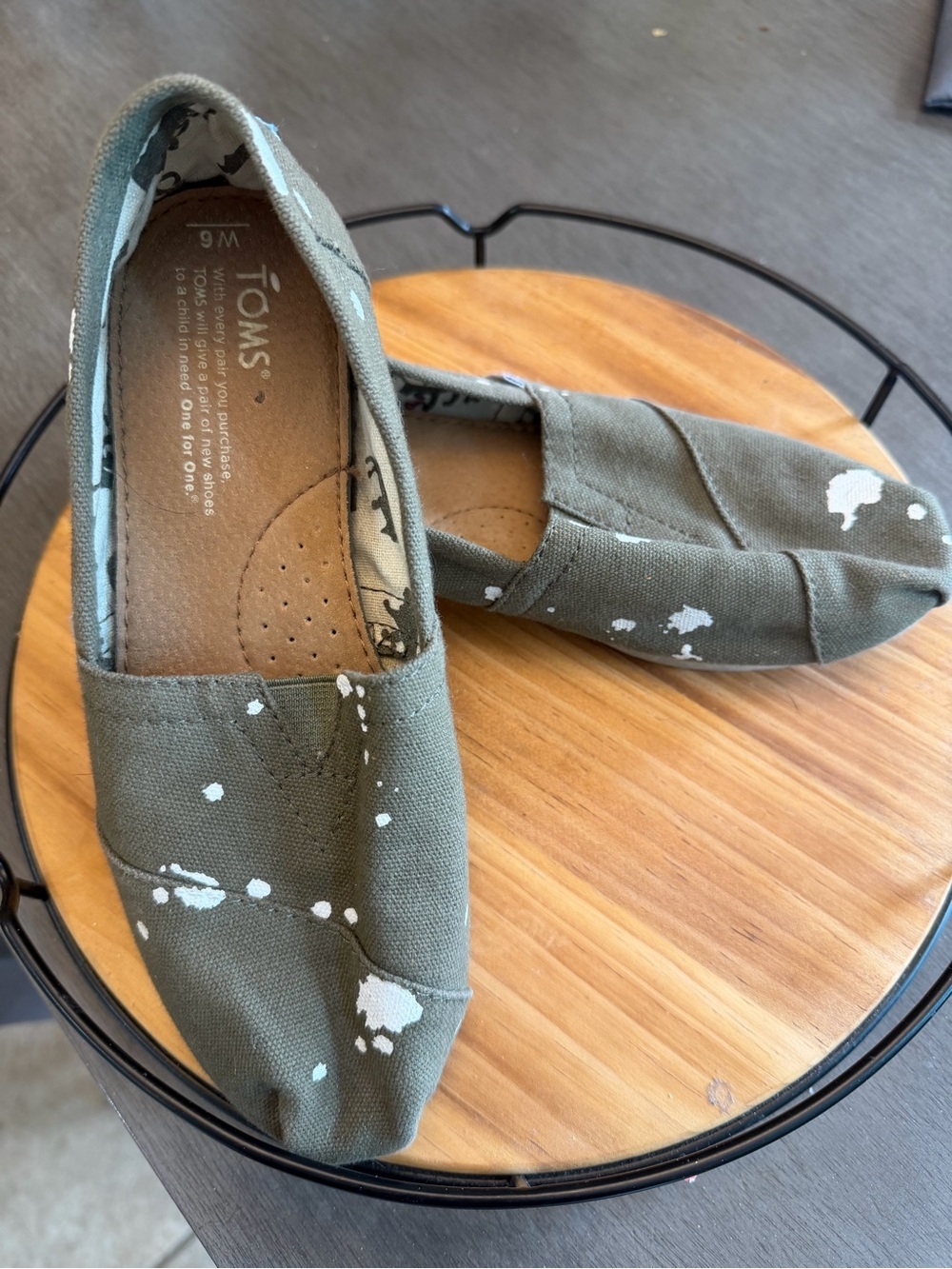 TOMS Olive Canvas Slip-On Shoes with White Paint Accent